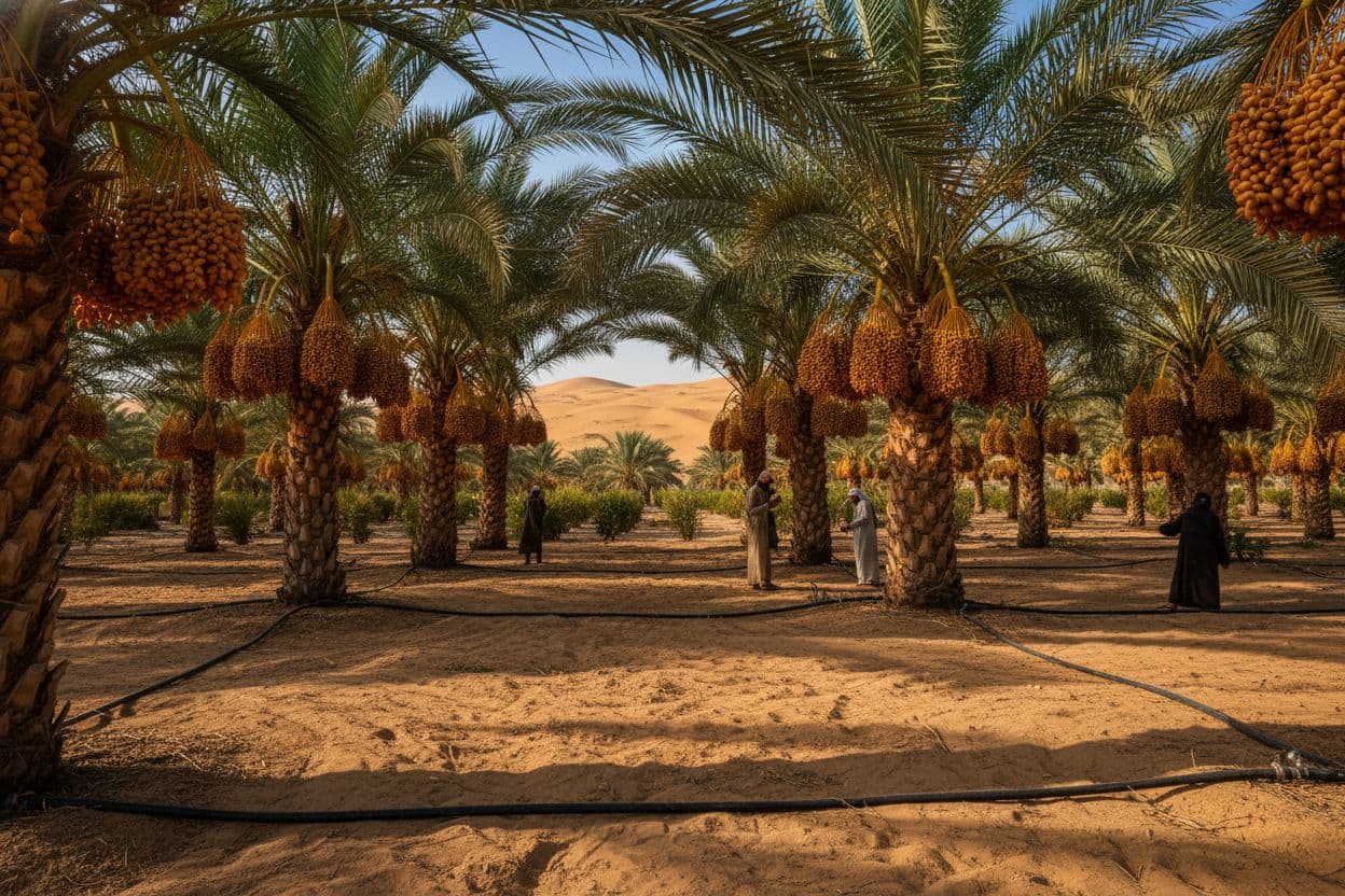 4-year-old mature organic Medjool date palm farm with drip irrigation in Egypt's Kharga Oasis at VENI FARMS